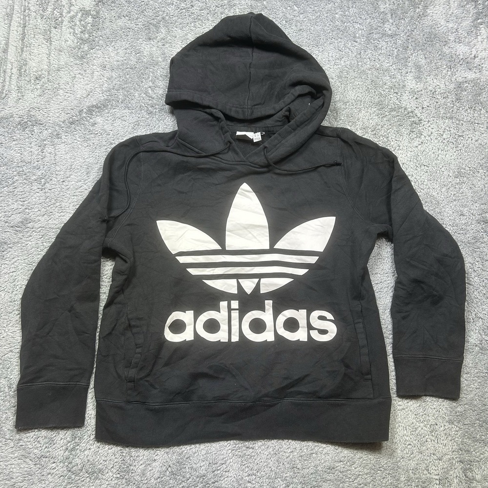Adidas Originals Trefoil CROP Hoodie Womens S Black Pullover‎ Sweatshirt EUC
